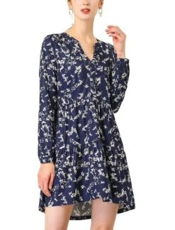 Allegra K Women's Spring Floral Long Sleeves V Neck Casual Babydoll Tiered Dress -Women Clothing Sale GUEST 026e3ad3 c6bd 4990 bb96 621db4ec8d8d
