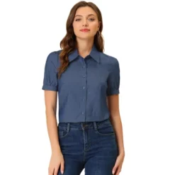 Allegra K Women's Point Collar Short Sleeve Button Down Denim Shirt -Women Clothing Sale GUEST 065add36 599f 495d 939d c2e8825f1eb7