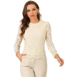 Allegra K Women's Lace Long Sleeve Ruffle Neck Floral Blouse -Women Clothing Sale GUEST 0a30ca8b de26 4031 88ca 4c8416f1dadd