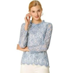 Allegra K Women's Lace Long Sleeve Ruffle Neck Floral Blouse