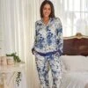 Women's Pajamas Lounge Set, Long Sleeve Top And Pants With Pockets, Viscose Pjs Floral Flowers