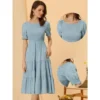 Allegra K Women's Peasant Smocked Short Sleeve Midi Summer Casual Tiered A-Line Dress