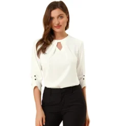 Allegra K Women's Work Office Keyhole Pleated Front Ruched 3/4 Sleeve Chiffon Blouse -Women Clothing Sale GUEST 16bc033b 49b1 4b58 8481 20176559f2bb