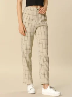 Allegra K Women's Plaid Elastic Waist Casual Work Office Long Trousers