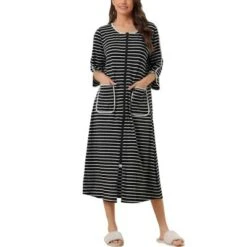 Cheibear Women's Zip Front Robe 3/4 Sleeve Striped Long Bathrobe Dress Pajama -Women Clothing Sale GUEST 198ef42a 7426 4ab7 aadf 1a6c2b98b10c