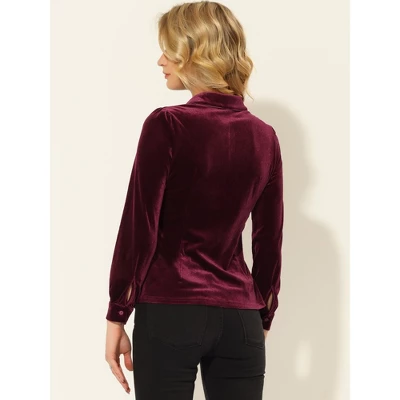 Allegra K Women's Button Down Blouse Solid Color Long Sleeve Velvet Work Shirt 3 Allegra K Women's Button Down Blouse Solid Color Long Sleeve Velvet Work Shirt - Image 3