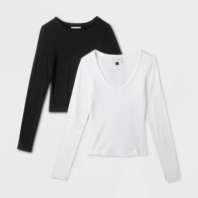 Women's 2pk Long Sleeve Shrunken Rib T-Shirt - Universal Thread™ White/Black 5 Women's 2pk Long Sleeve Shrunken Rib T-Shirt - Universal Thread™ White/Black - Image 5