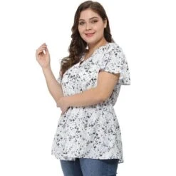 Agnes Orinda Women's Plus Size Peplum V Neck Smocked Waist Floral Chiffon Blouse -Women Clothing Sale GUEST 29044a6a dba0 41cb 9bb6 66f47260c12b