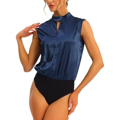 Allegra K Women's Mock Neck Keyhole Front Sleeveless Satin Bodysuit 6 Allegra K Women's Mock Neck Keyhole Front Sleeveless Satin Bodysuit - Image 6