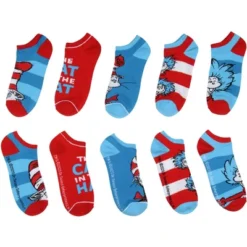 Dr. Seuss Socks Adult Cat In The Hat Thing 1 Thing 2 Low Cut Ankle Socks 5 Pack Multicoloured