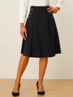 Allegra K Women's High Waist Button Decor Vintage Pleated Flared Midi Skirt