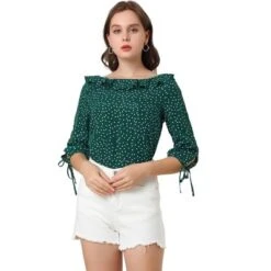 Allegra K Women's Vintage 3/4 Sleeve Boat Neck Ruffled Heart Dots Print Blouse -Women Clothing Sale GUEST 440b6731 03e5 49b1 9735 43a1783b1f99