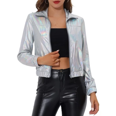Allegra K Women's Track Holographic Shiny Long Sleeve Metallic Zip Front Jacket 12 Allegra K Women's Track Holographic Shiny Long Sleeve Metallic Zip Front Jacket - Image 12