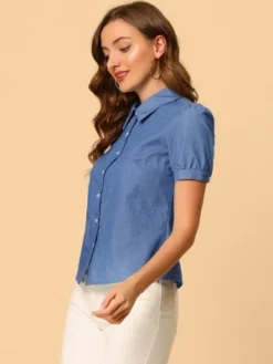 Allegra K Women's Point Collar Short Sleeve Button Down Denim Shirt -Women Clothing Sale GUEST 45dcf87d c9e8 4f54 9c11 aaa9d3baf492