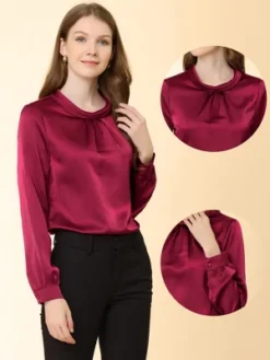 Allegra K Women's Ruched Long Sleeve Office Work Satin Blouses