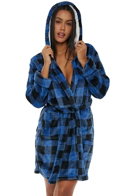 Women's Classic Plush Hooded Robe, Short Fleece Plaid Bathrobe With Hood 12 Women's Classic Plush Hooded Robe, Short Fleece Plaid Bathrobe With Hood - Image 12
