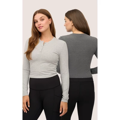 Yogalicious Womens 2 Pack Velvety Heather Valentina Long Sleeve Henley Crop Top 3 Yogalicious Womens 2 Pack Velvety Heather Valentina Long Sleeve Henley Crop Top - Image 3
