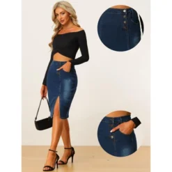 Allegra K Women's Button Decor Side Slit Slash Pocket Midi Denim Skirt