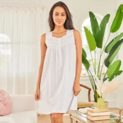 Women's Cotton Victorian Nightgown, Hannah Sleeveless Lace Trimmed Button Up Short Vintage Night Dress Gown