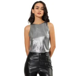 Allegra K Women's Party Shiny Sleeveless Club Metallic Tank Top -Women Clothing Sale GUEST 52b7d259 a5ab 4e13 a89a b8fea1c6d836