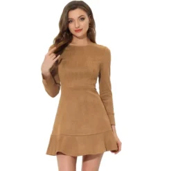 Allegra K Women's Faux Suede Crew Neck Long Sleeve Ruffled Hem Mini Dress -Women Clothing Sale GUEST 5ed26e87 f4ab 4121 9f22 6b68b5fe7b99