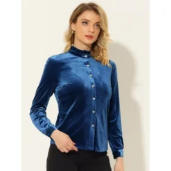 Allegra K Women's Velvet Top Stand Collar Long Sleeves Button Down Shirt