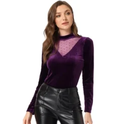 Allegra K Women's Casual Velvet Long Sleeve Choker Neck Heart Dots Mesh Panel Top -Women Clothing Sale GUEST 622a2c55 7558 44c4 b3fe dbe6c2f51c58