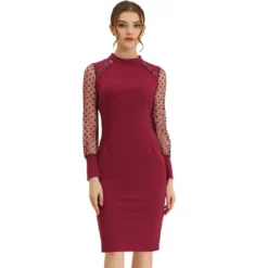 Allegra K Women's Mock Neck Mesh Dots Long Sleeve Button Decor Sheath Midi Dress -Women Clothing Sale GUEST 65aaa1c0 973e 43e0 8c18 186f5d14676f
