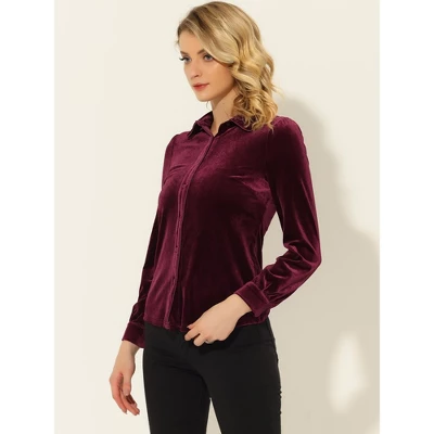 Allegra K Women's Button Down Blouse Solid Color Long Sleeve Velvet Work Shirt 2 Allegra K Women's Button Down Blouse Solid Color Long Sleeve Velvet Work Shirt - Image 2