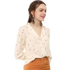 Allegra K Women's Heart Polka Dots Button Up Notched Lapel V Neck Shirts