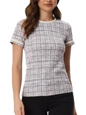 Allegra K Tweed Top For Women Casual Round Neck Pearl Decoration Short Sleeve Blouses 6 Allegra K Tweed Top For Women Casual Round Neck Pearl Decoration Short Sleeve Blouses - Image 6