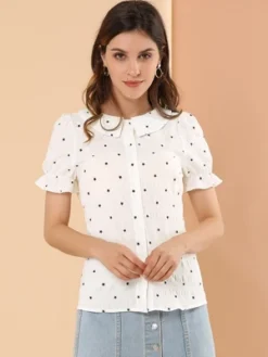 Allegra K Women's Peter Pan Collar Top Textured Ruffle Button Down Shirt