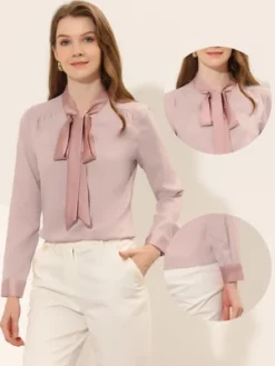 Allegra K Women's Bow Tie Neck Elegant Long Sleeve Office Work Blouses