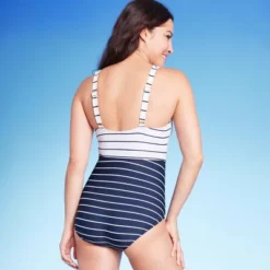 Women's Striped V-Neck Full Coverage One Piece Swimsuit - Kona Sol™ Navy Blue