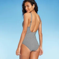 Women's Textured Gingham Ruched Full Coverage One Piece Swimsuit - Kona Sol™ Black