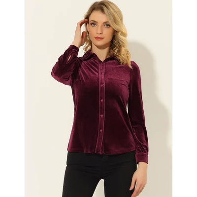 Allegra K Women's Button Down Blouse Solid Color Long Sleeve Velvet Work Shirt 1 Allegra K Women's Button Down Blouse Solid Color Long Sleeve Velvet Work Shirt