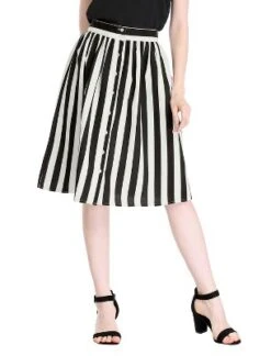Allegra K Women's Stripes Button Front Elastic Back A-Line Midi Skirt