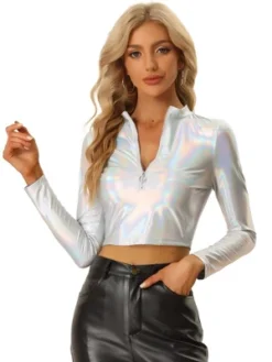 Allegra K Women's Party Long Sleeve Zip Up Metallic Crop Blouses -Women Clothing Sale GUEST 831adf38 3bf0 4658 9529 e611b5dc3782
