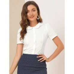 Allegra K Women's Office Short Sleeve Peter Pan Collar Button Down Shirt
