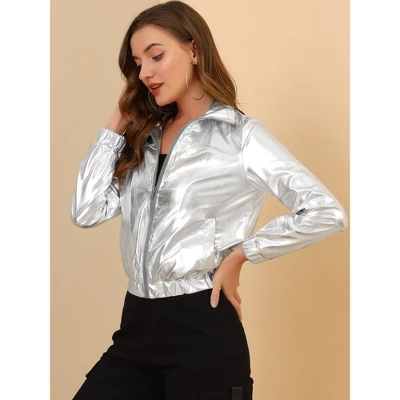 Allegra K Women's Track Holographic Shiny Long Sleeve Metallic Zip Front Jacket 3 Allegra K Women's Track Holographic Shiny Long Sleeve Metallic Zip Front Jacket - Image 3
