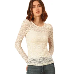 Allegra K Women's Vintage Semi-Sheer Puff Long Sleeve Embroidery Lace Floral Blouse -Women Clothing Sale GUEST 8d19a240 0e24 4d2d 8963 6109162f720a