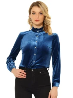 Allegra K Women's Velvet Top Stand Collar Long Sleeves Button Down Shirt -Women Clothing Sale GUEST 8ee2ed1c cc91 408b 8f07 3f6d7482ea72
