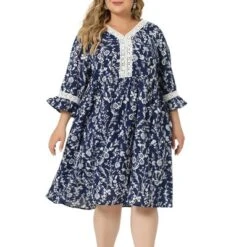 Agnes Orinda Women's Plus Size Retro V Neck Ruffle 3/4 Sleeve Floral Print Babydoll Flare Midi A Line Dresses -Women Clothing Sale GUEST 915dcffc 004e 404b 85df 06249708ad35