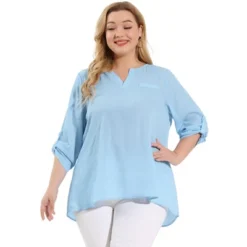 Agnes Orinda Women's Plus Size Sheer 3/4 Sleeve Flowy Split V Neck Blouse -Women Clothing Sale GUEST 9430e5f3 ef01 4571 9ec4 416a23270460