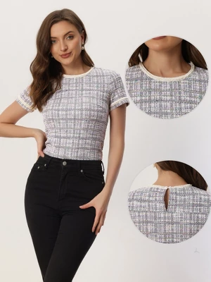 Allegra K Tweed Top For Women Casual Round Neck Pearl Decoration Short Sleeve Blouses 1 Allegra K Tweed Top For Women Casual Round Neck Pearl Decoration Short Sleeve Blouses