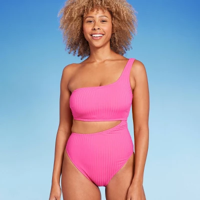Women's Ribbed One Shoulder Cut Out One Piece Swimsuit - Shade & Shore™ 2 Women's Ribbed One Shoulder Cut Out One Piece Swimsuit - Shade & Shore™ - Image 2