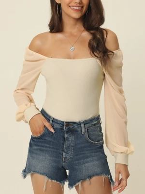 Seta T Women's Square Neck Sheer Long Sleeve Knit Bodysuit