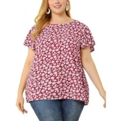 Agnes Orinda Women's Plus Size Floral Short Sleeve Casual Pleasant Top