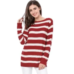 Allegra K Women Long Sleeves Drop Shoulder Loose Striped Sweater