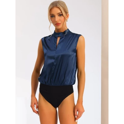 Allegra K Women's Mock Neck Keyhole Front Sleeveless Satin Bodysuit 2 Allegra K Women's Mock Neck Keyhole Front Sleeveless Satin Bodysuit - Image 2